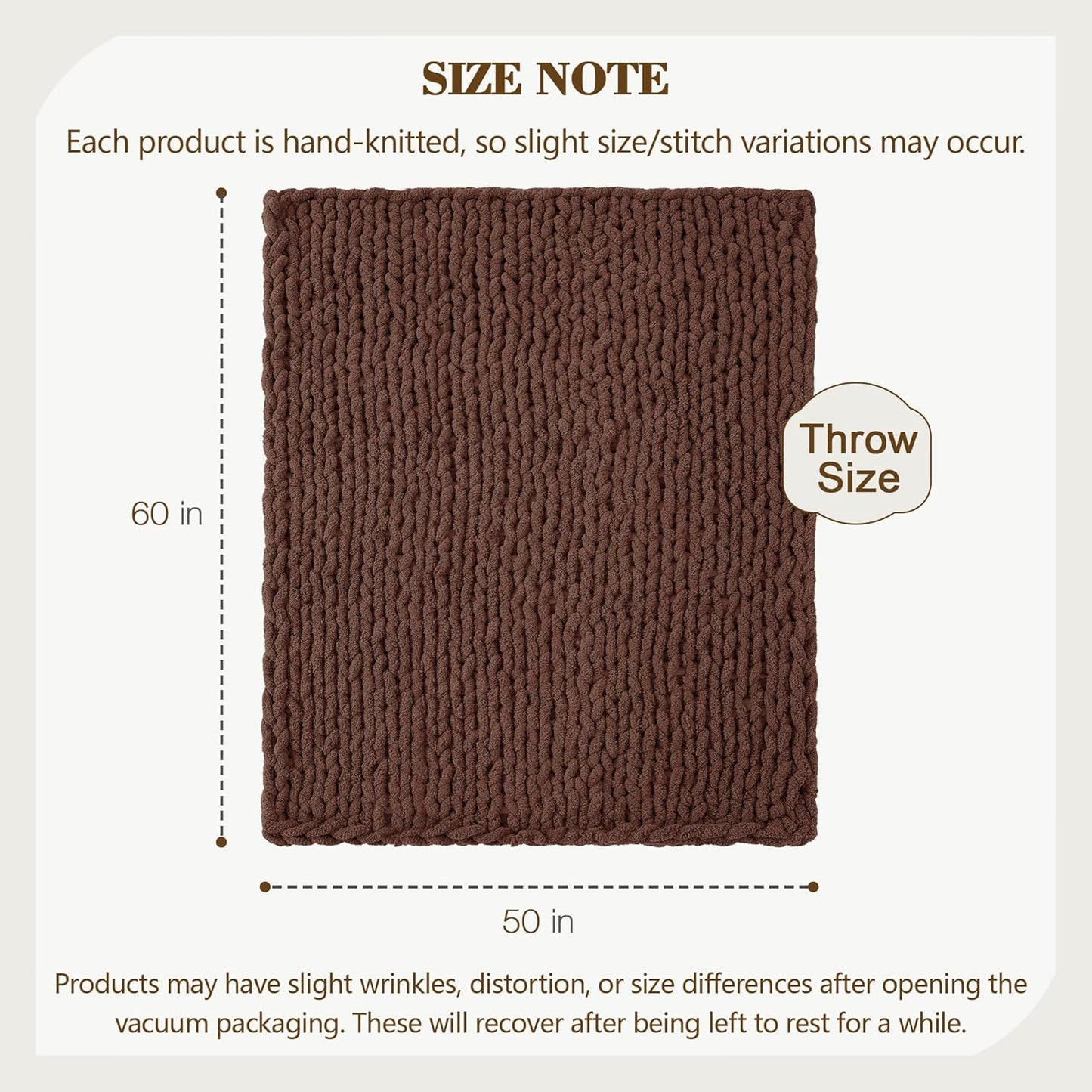 Carriediosa Chunky Knit Throw Blanket 50" X 60", 100% Hand Made Large Chenille Loop Yarn Soft Fluffy Throws for Couch Sofa Bed, Big Crochet Cozy Heavy Thick Cable Woven Blanket, Cocoa Brown