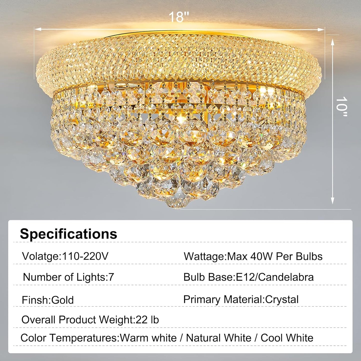 7-Light Crystal Flush Mount Chandelier Ceiling Light Fixture for Living Room Dining Room Bedroom Foyer Entryway Hallway Closet Bathroom (Gold D18)
