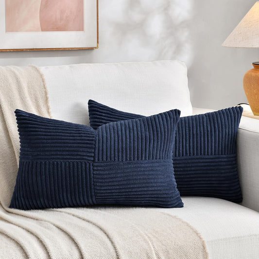 Fancy Homi 2 Packs Navy Blue Long Lumbar Decorative Throw Pillow Covers 12x24 Inch for Couch Bed Sofa, Rustic Farmhouse Boho Home Decor, Soft Striped Corduroy Rectangle Accent Cushion Case 30x60 cm