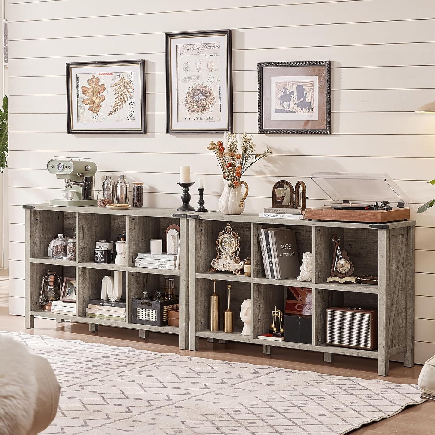 Farmhouse 6 Cube Bookshelf, Rustic Grey Oak Wooden Storage Organizer Book Shelf, 47 Inch Cubby Hallway Bookcase, Kids Toy Storage Cabinet, Modern Open Book Case for Living Room, Hallway