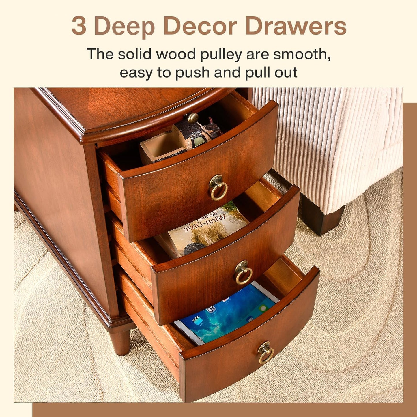 PADMA HOUSE Solid Wood End Table with 3 Drawers, Fully Assembled Nightstand with Sliding Shelf, Pre-Assembled Vintage Wooden Beside Table in Cherry Brown for Small Space,13.4 * 22.4 * 22.6in