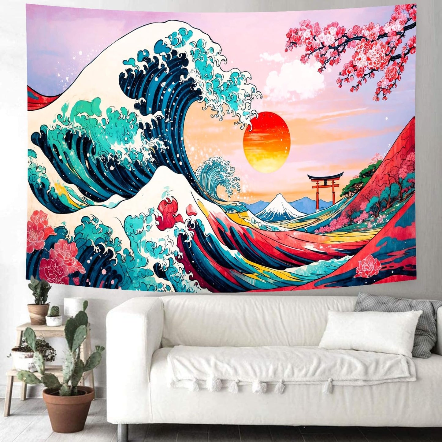 Delur Great Wave Tapestry Japanese Sunset Ocean Sea Wave Off Kanagawa Tapestry Wall Hanging Vintage Asian Anime Cherry Blossom Nature Headboard for Bedroom Living Room Home Decor (51.2" x 59.1")