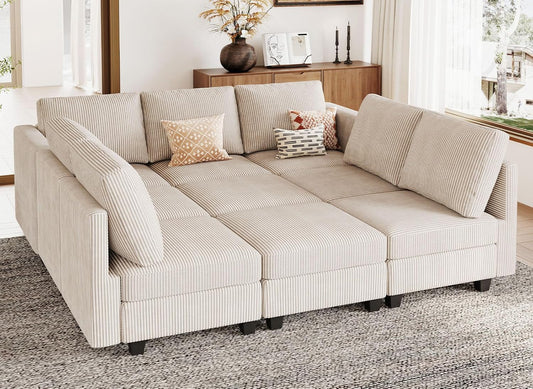 Belffin Corduroy Modular Sectional Sofa 9 Seat Convertible Sectional Sleeper Sofa Bed with Storage Ottomans Modular Sectional Couch Bed for Living Room Beige