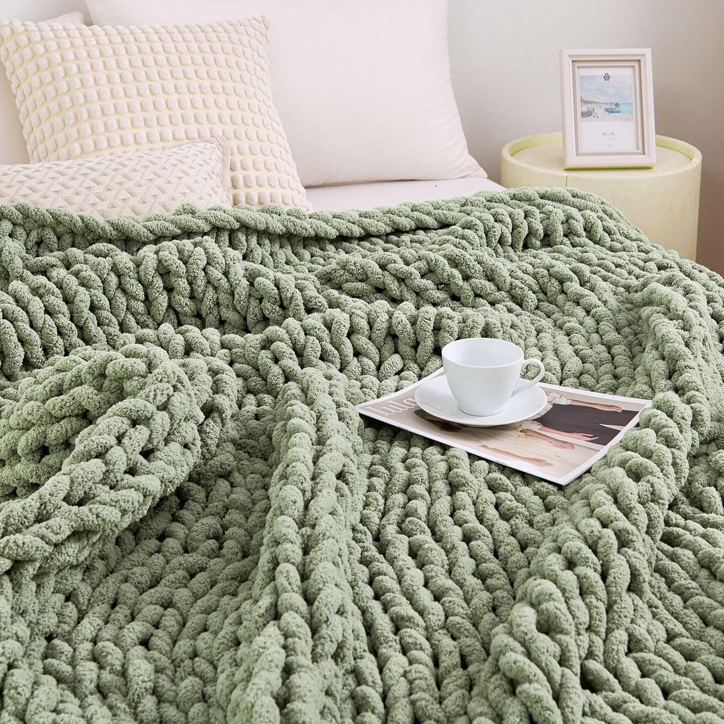 Admitrack Chunky Knit Blanket Throw, 100% Hand Knit Chenille Throw Blanket for Sofa & Home Decor, Soft and Cozy Knitted Throw Blankets (Sage Green, 60""x80""), XNR010