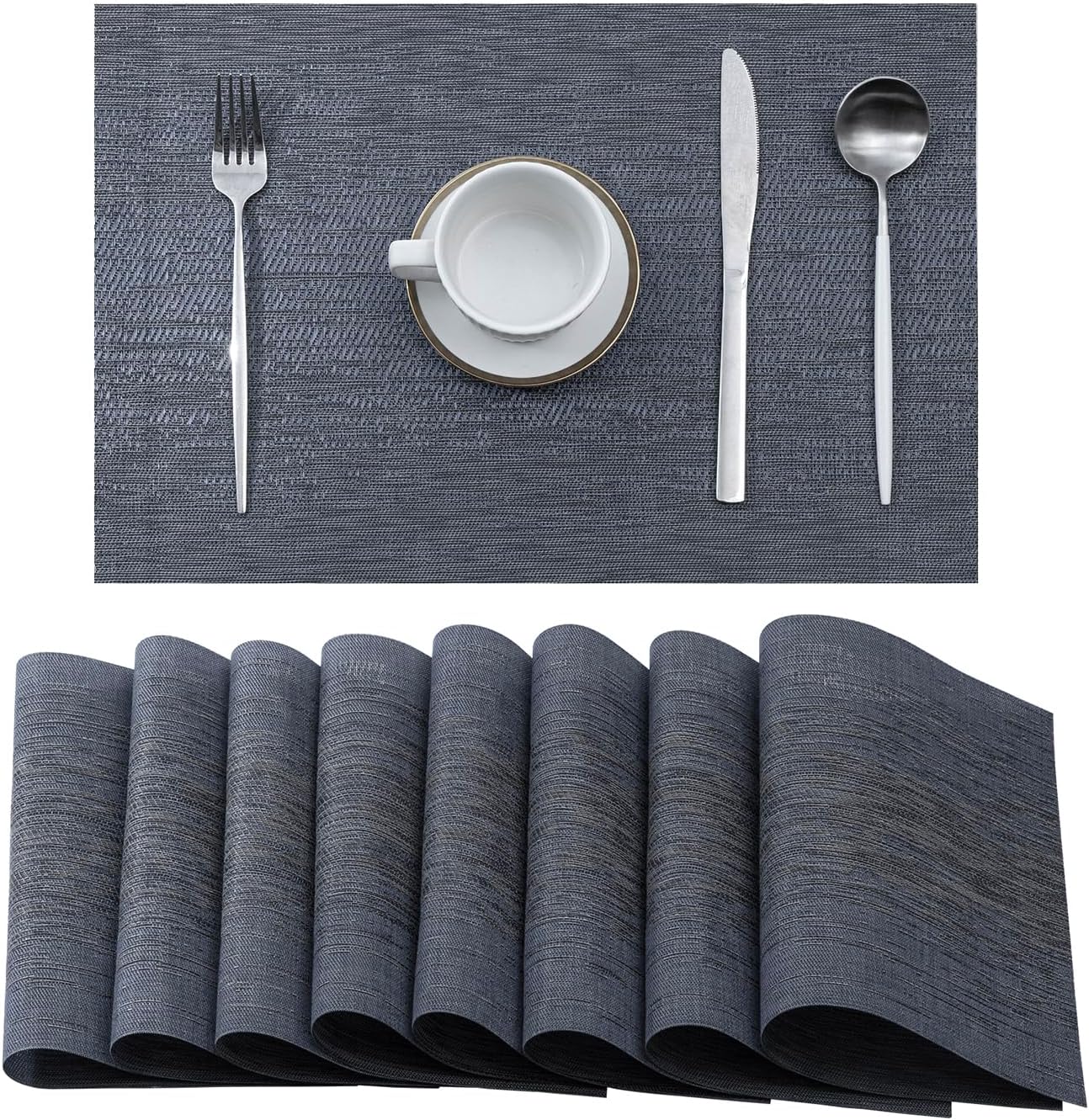 Leetaltree Denim Blue Placemats Set of 8 - Heat Resistant Non-Slip Place mats for Dining Table, Washable Durable PVC Vinyl Woven Table Mats（Denim Blue, 8）