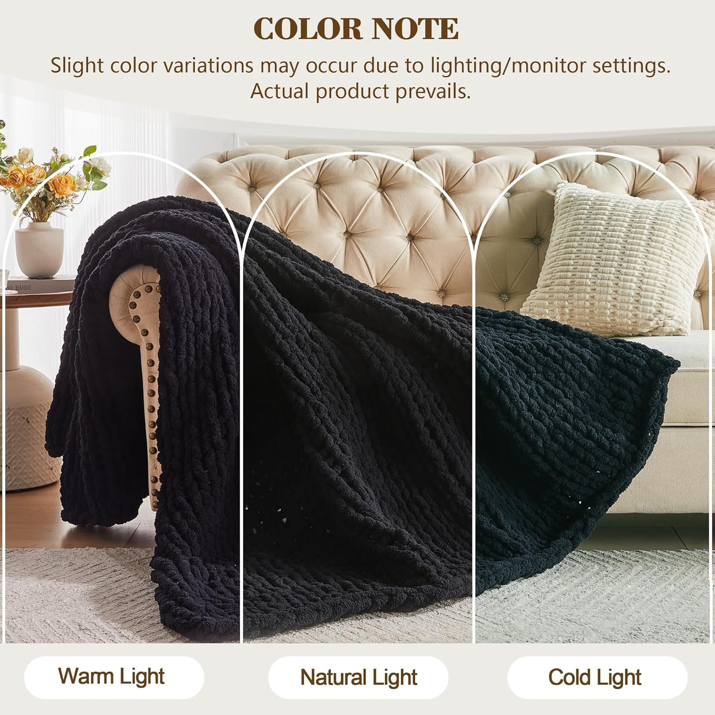 Carriediosa Chunky Knit Throw Blanket 60" X 80" Twin, 100% Hand Made Large Chenille Loop Yarn Soft Fluffy Throws for Couch Sofa Bed, Big Crochet Cozy Heavy Thick Cable Woven Blankets, Black