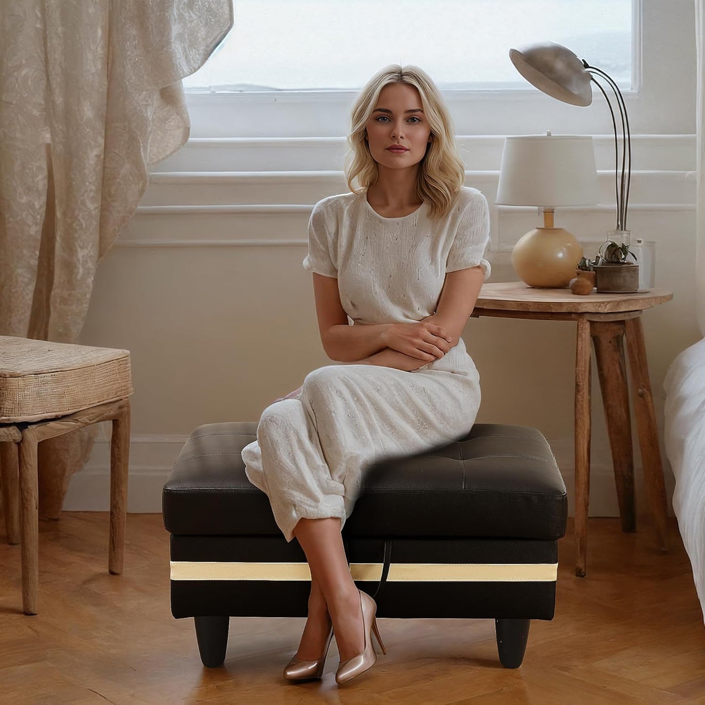 Ottoman Rectangular Storage Ottoman Bench, Faux Leather Footrest, Coffee Table, Stool Footstool with Hinged Lid for Living Room, Bedroom, Entryway, Black with White Strip, 35"x23.5"x17.5"