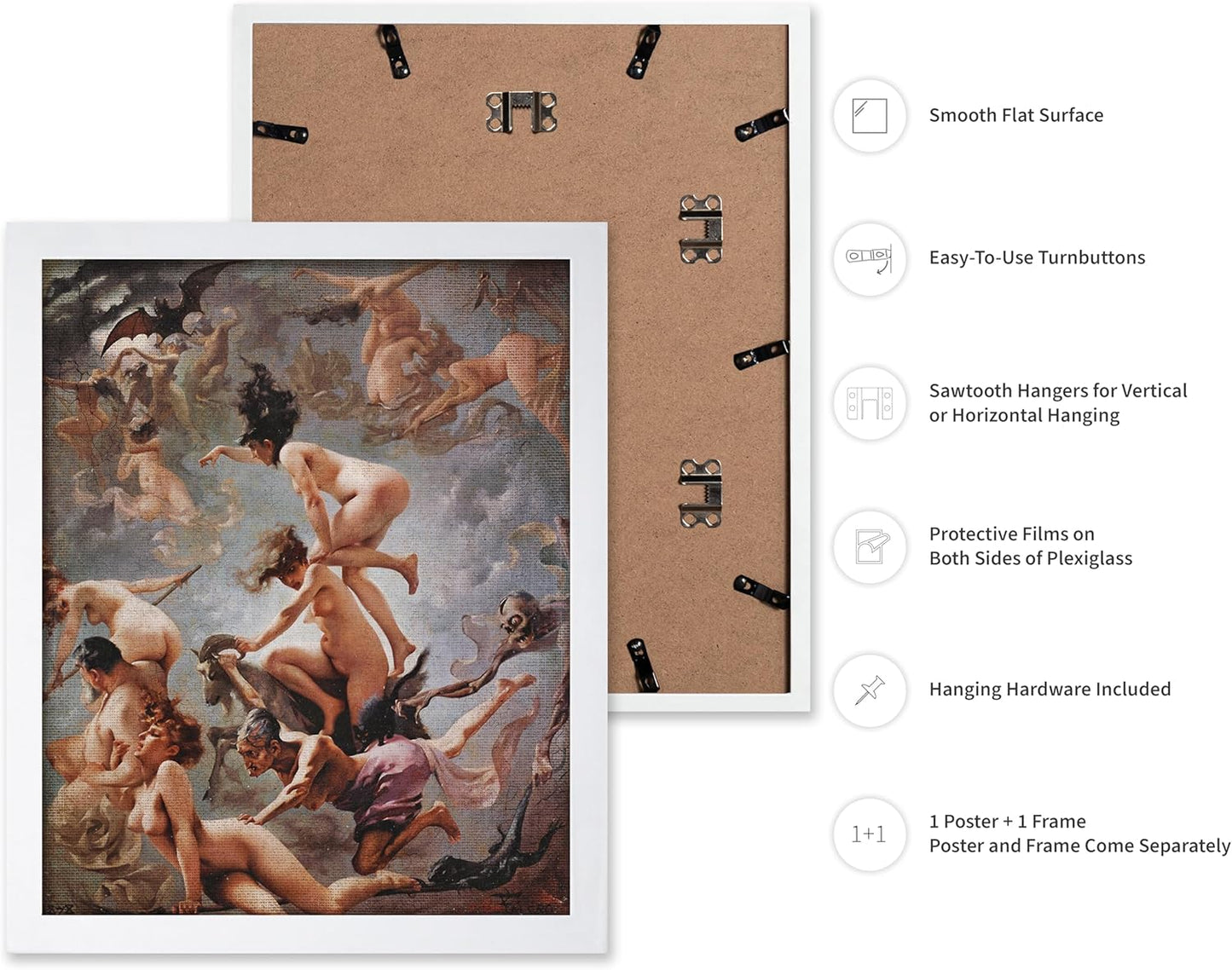 Poster Master Vintage Luis Ricardo Falero Poster - Retro Occult Print - Gift for Gothic, Horror Fan - Witches Going to their Sabbath, Pagan - Wall Decor for Bedroom, Dorm, 11x14 White Framed