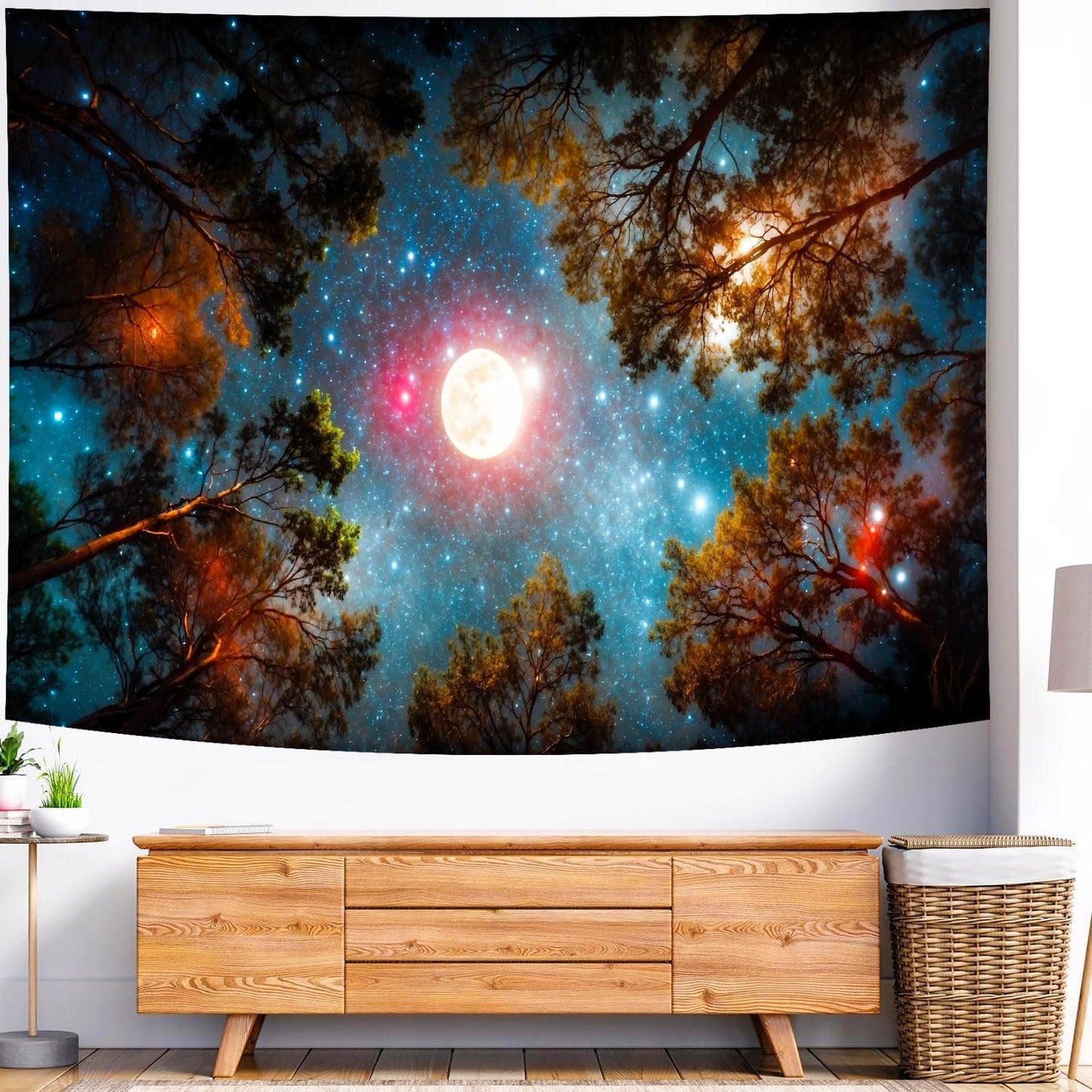 Delur Forest Tapestry Galaxy Moon Stars Night Space Starry Sky Wall Hanging Tapestry Aesthetic Tree Nature Landscape Psychedelic Headboard for Bedroom Living Room Home Decor (59.1" x 78.7")