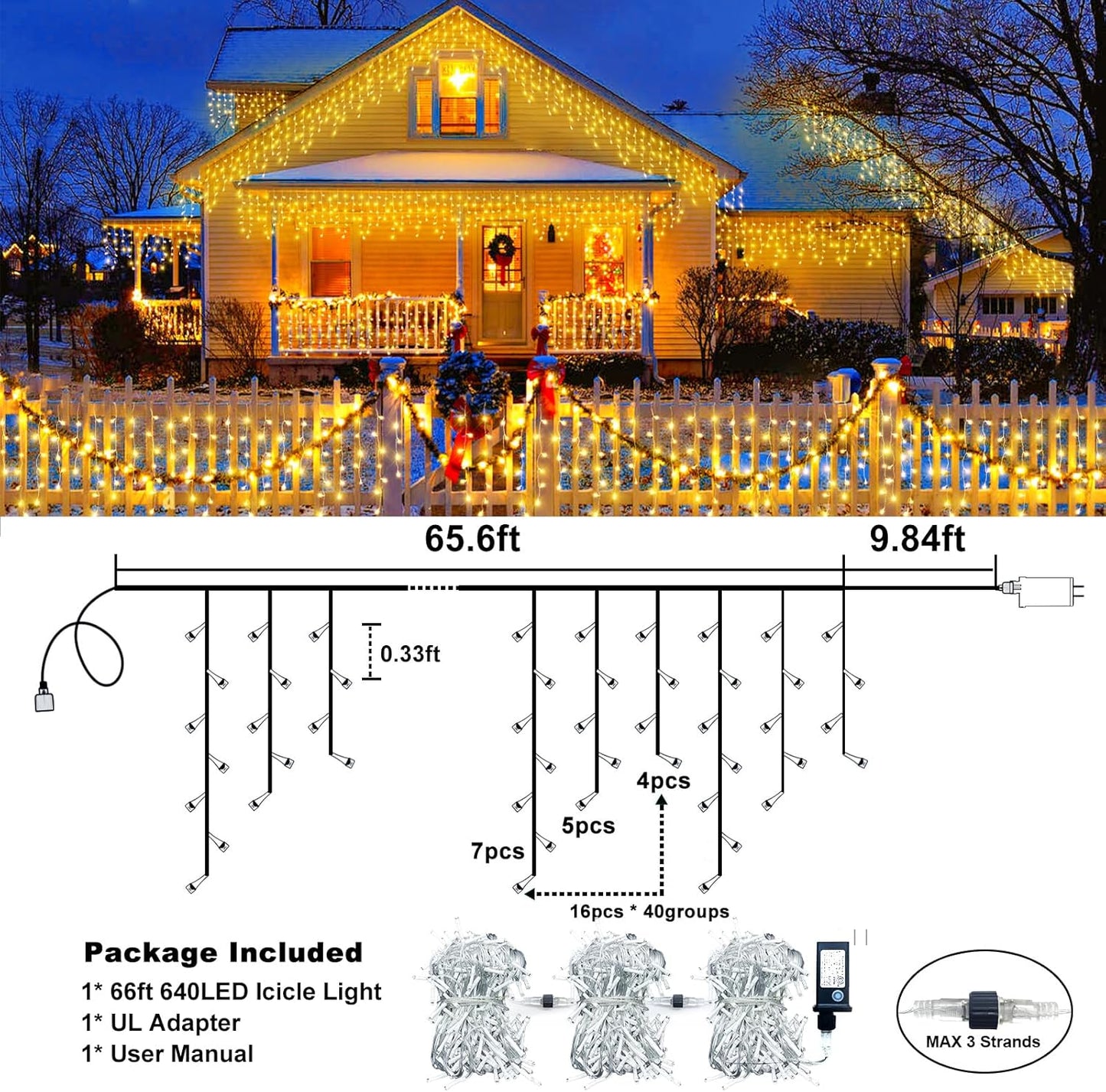 Icicle Christmas Lights Outdoor, 66FT 640 LED Icicle Lights for Outside with 8 Modes Timers, Waterproof Plug in Connectable String Light for House Yard Patio Eave Wedding Decorations, Warm White