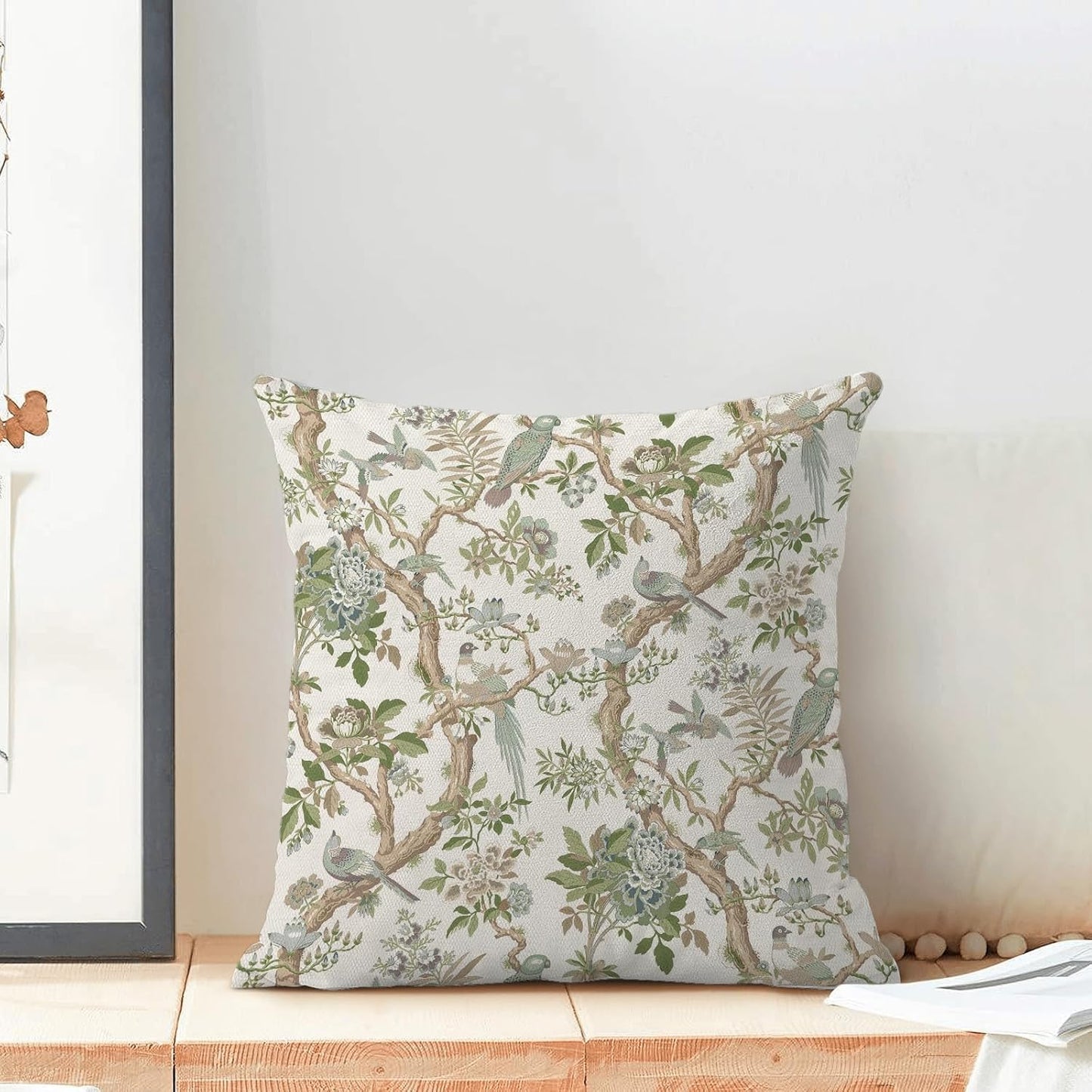 CXMEIFLY Chinoiserie Spring Pillow Covers 20 x 20 Inch Set of 2 for Sage Green Blue Vintage Flowers Bird Decor Throw Pillows Plant Farmhouse Outdoor Decorative Cushion Cases for Couch Bed Decorations