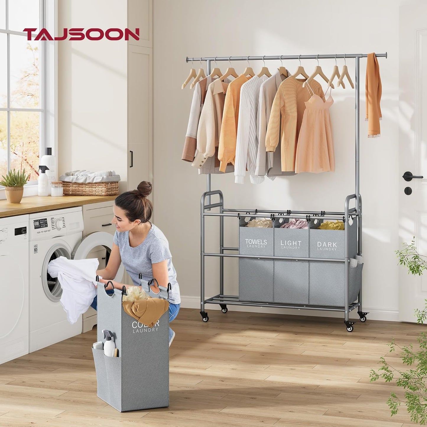 Tajsoon Laundry Sorter with Hanging Bar, 4 Section Rolling Laundry Hamper with Heavy Duty Lockable Wheels, Laundry Sorter Cart for Bathroom & Bedroom, Gray