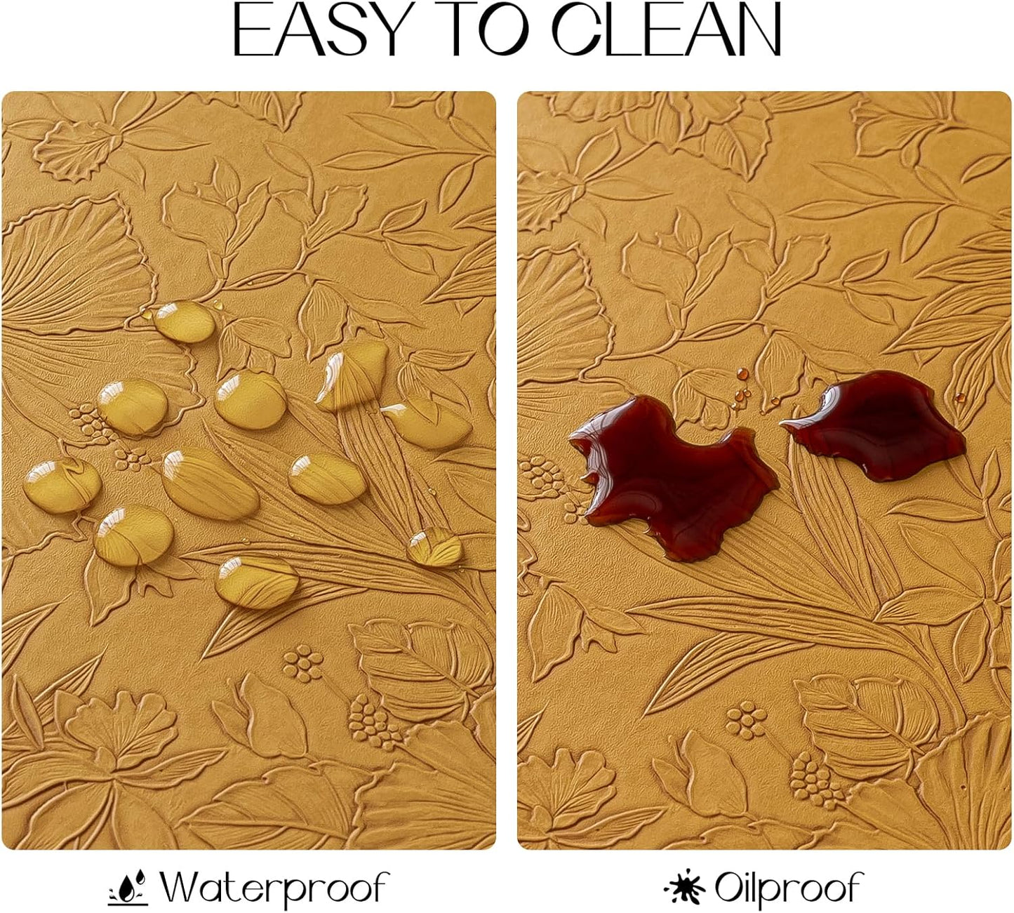 Romanstile Vinyl Placemats Set of 8-12 X 18 Inch - Heat Resistant Non-Slip Embossed Floral Place Mats 100% Waterproof Oilproof Wipeable Faux Leather Table Mats for Kitchen/Dining/Party, Gold