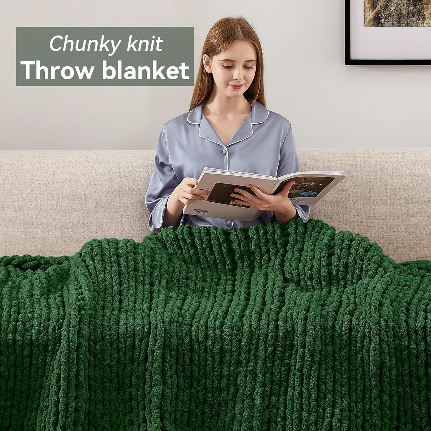 Chunky Knit Throw Blanket, 30''*40'' Knitted Throw Chenille Yarn for Bed Couch, Handmade Grass Green Crochet Big Thick Blanket, Machine Washable Cute Comfy Blanket for Home Decor