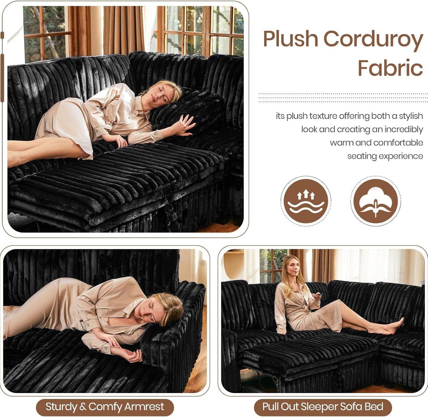 Belffin Plush Corduroy Modular Sectional Sofa with Pull Out Bed Convertible Small Sectional Corner Couch for Living Room Black Couch