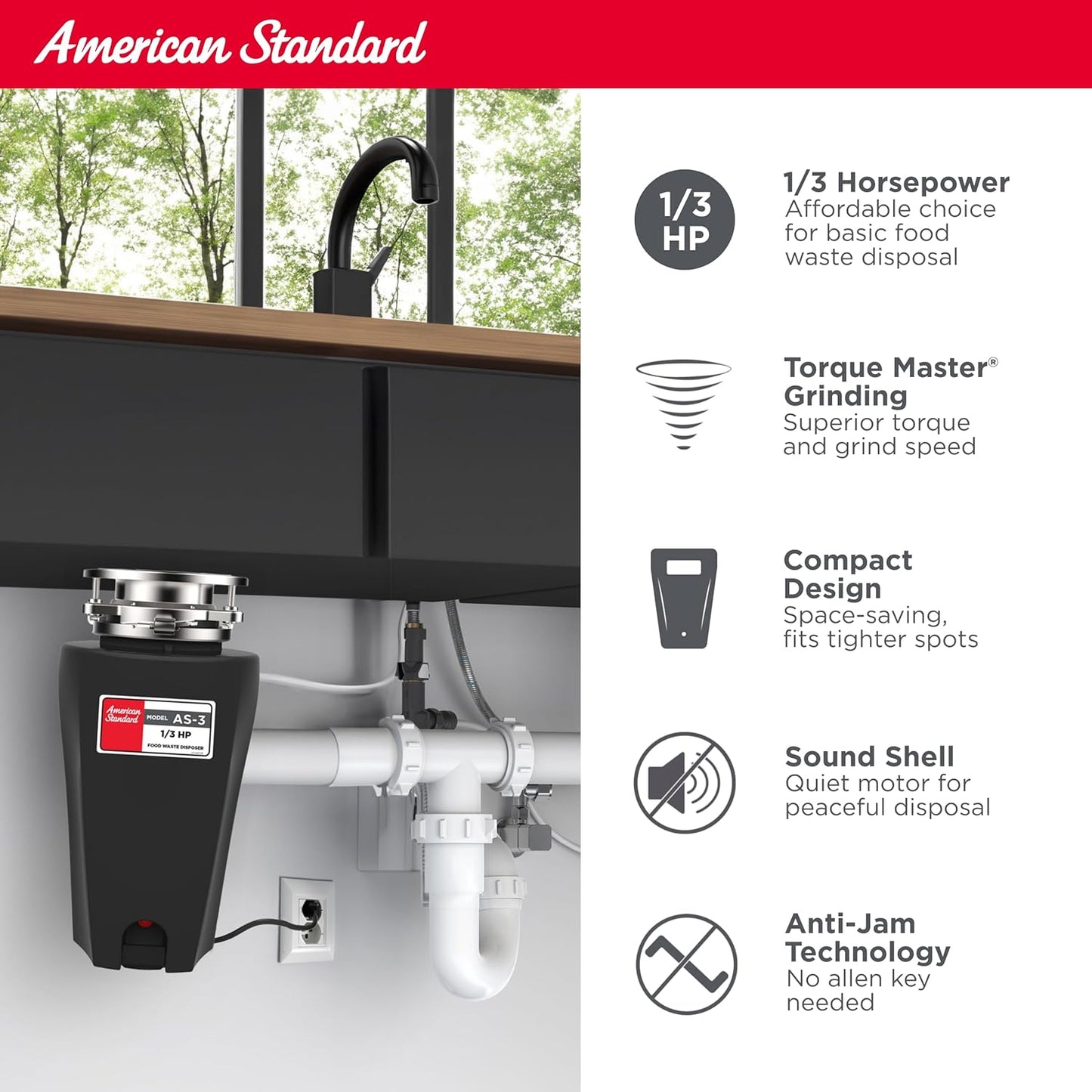 American Standard 10-US-AS-3 Garbage Disposal Anti-Jam Stainless Steel Food Waste Grinding System, Slim Line, 1/3 HP, Black
