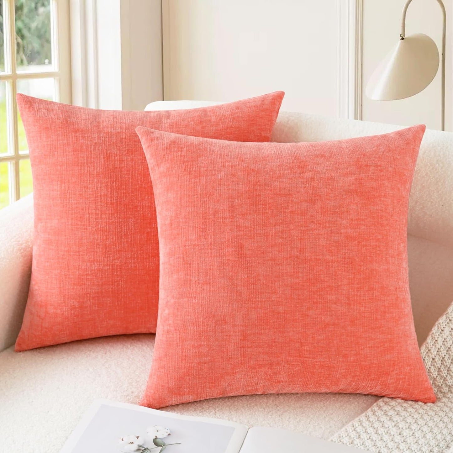 CaliTime Throw Pillow Covers Decorative 22 X 22 Inches Pack of 2 Cozy Chenille Cushion Cases for Couch Sofa Bed Living Room Home Living Coral