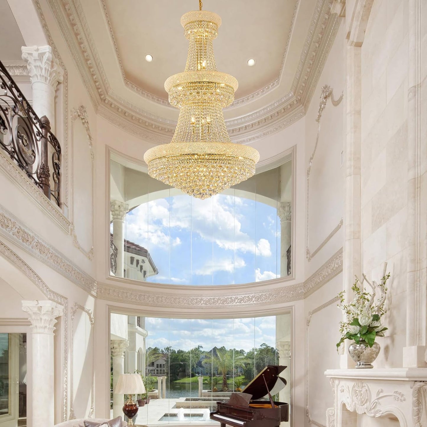 31 - Light Large Empire Crystal Chandelier for High Ceiling Foyer Entryway Staircase Living Room Dining Room Gold Finish