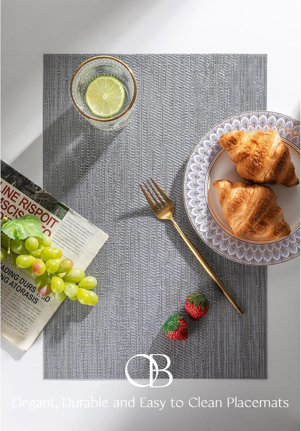 Placemats Set of 8 - Easy Clean Woven Vinyl Placemat for Dining Table, Indoor/Outdoor Place Mats, Washable PVC Table Mats（Gray）