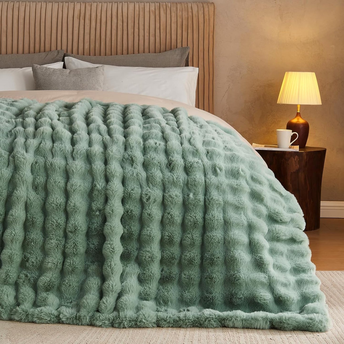 Lotus Karen Faux Fur Throw Blanket Sage Green - Big Bubble Rabbit Fluff Blanket for Couch Bed Sofa,Softest Fluffy Fuzzy Cozy Blanket,Plush Thick Furry Shaggy Warm Blankets for Women,90x90 Inches