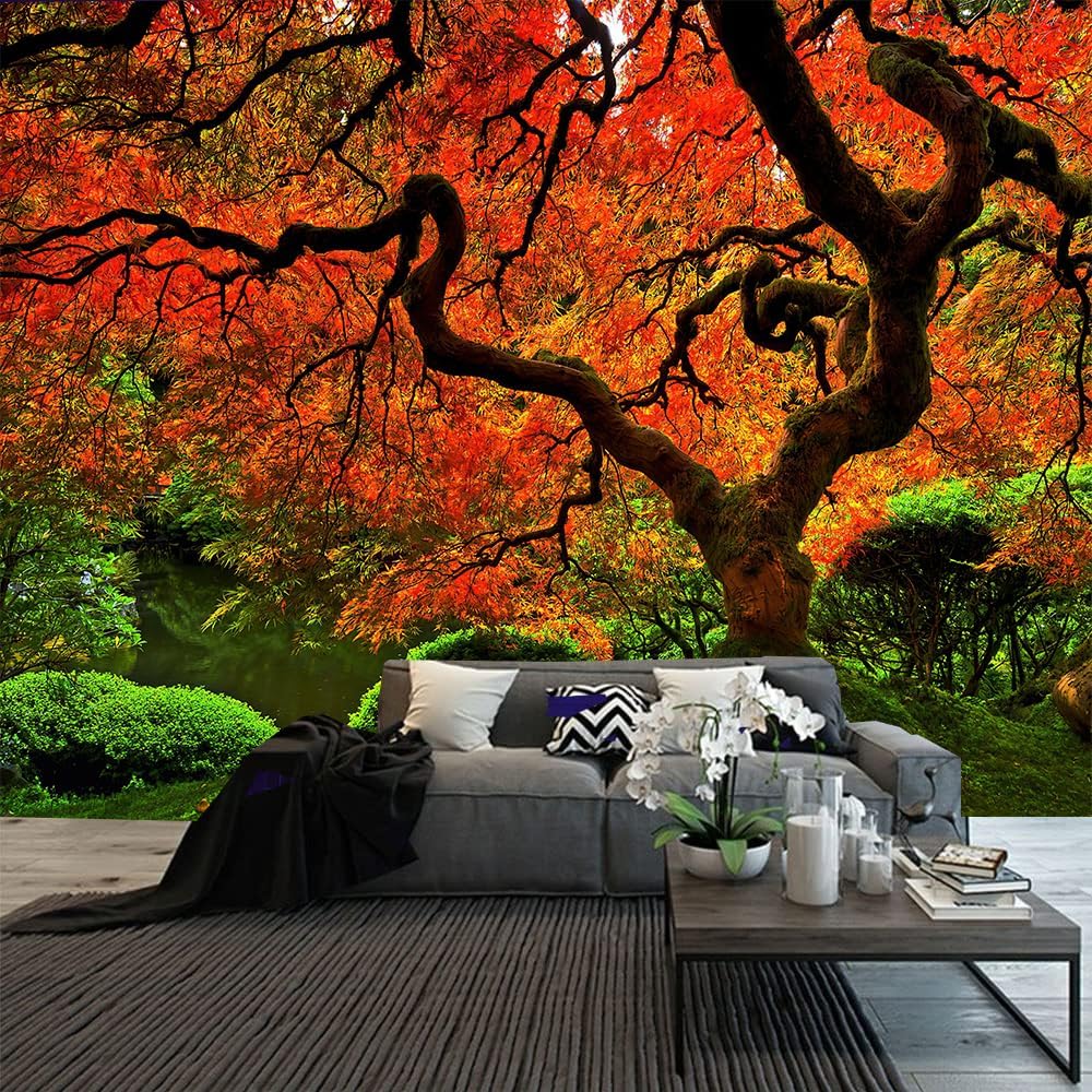 FENDROM Lakeside Red Tree Print Tapestry Nature Old tree Wall Hanging Decorative Psychedelic Scenic Tree Headboard Bedspread Tapestries for Bedroom Living Room Decor