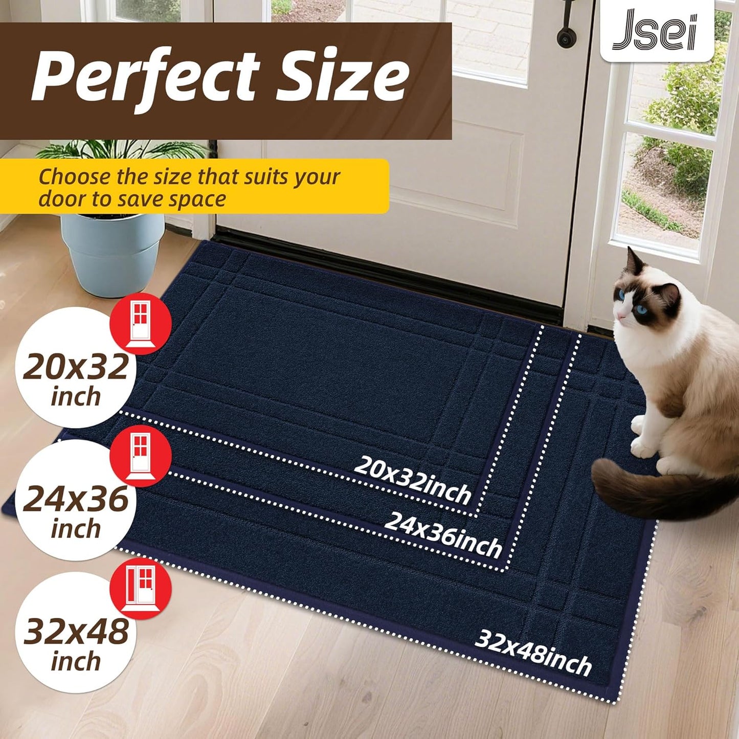 JSEI Entryway Rugs Doormat 20"x32", Non-Slip Dirt Trapper Door Mats Indoor, Washable Absorbent and Stain Resist Welcome Floor Mat for Front Door, Dog Door Mat, Muddy Wet Shoes & Paws, Navy Blue