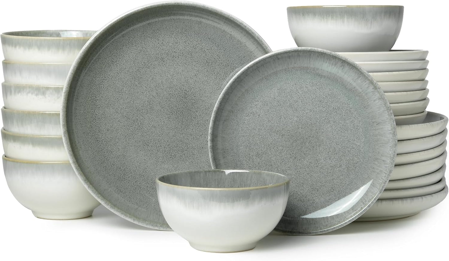 24 Piece Dinnerware Sets for 8, Modern Stoneware Plates and Bowls Sets, Perfect for Family Gatherings & Holiday Celebrations, Easy Cleaning Dishes, Stack Compactly Plate Set, Gradient Green