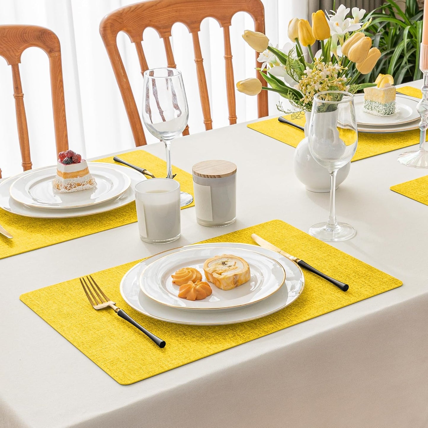 Romanstile Vinyl Placemats Set of 12-12 X 18 Inch - Heat Resistant Place Mats 100% Waterproof Oilproof Wipeable Reversible Faux Leather Table Mats for Kitchen/Dining/Party/Outdoor, Yellow