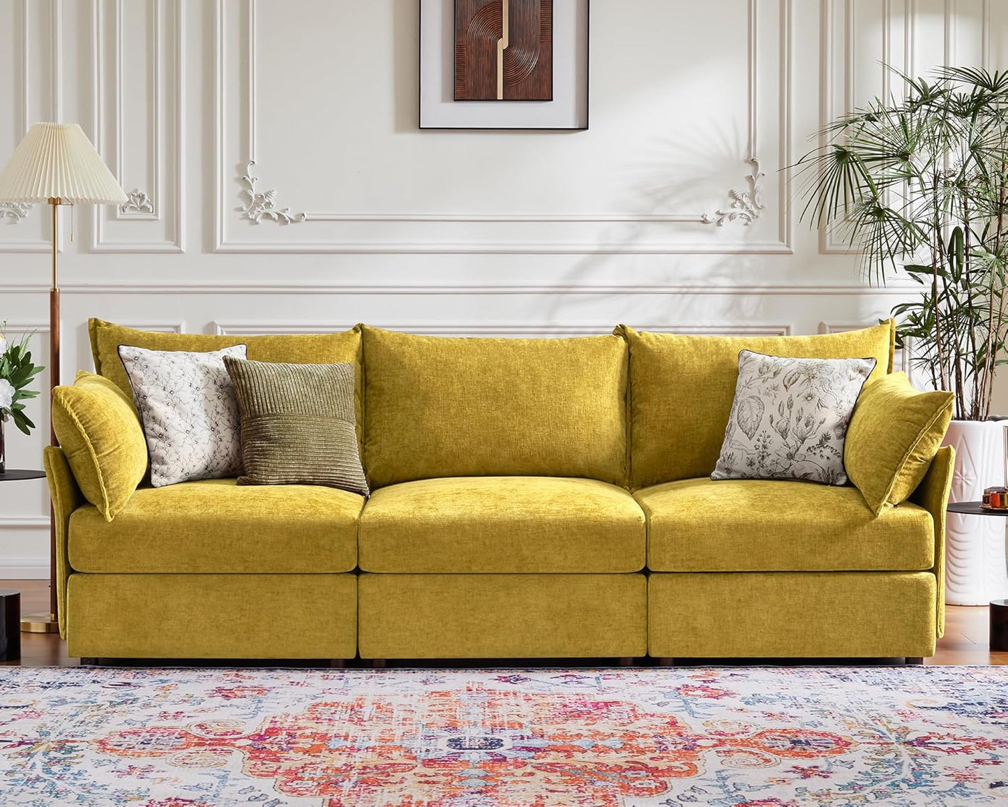 102.6" Modular Sectional Sofa, Oversized 3-Seater Couch with Removable Yellow Chenille Fabric Cover, Deep Seat & High Backrest for Living Room, Office & Apartment