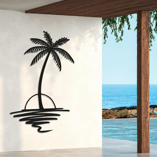 Metal Palm Tree with Sunset Wall Art, Large Outdoor Wall Decor, Tropical Beach Decor for Living Room, Bedroom, Garden Home Wall Sign, Perfect Metal Wall Art for Beach House (Black, 32 x 26 inches)