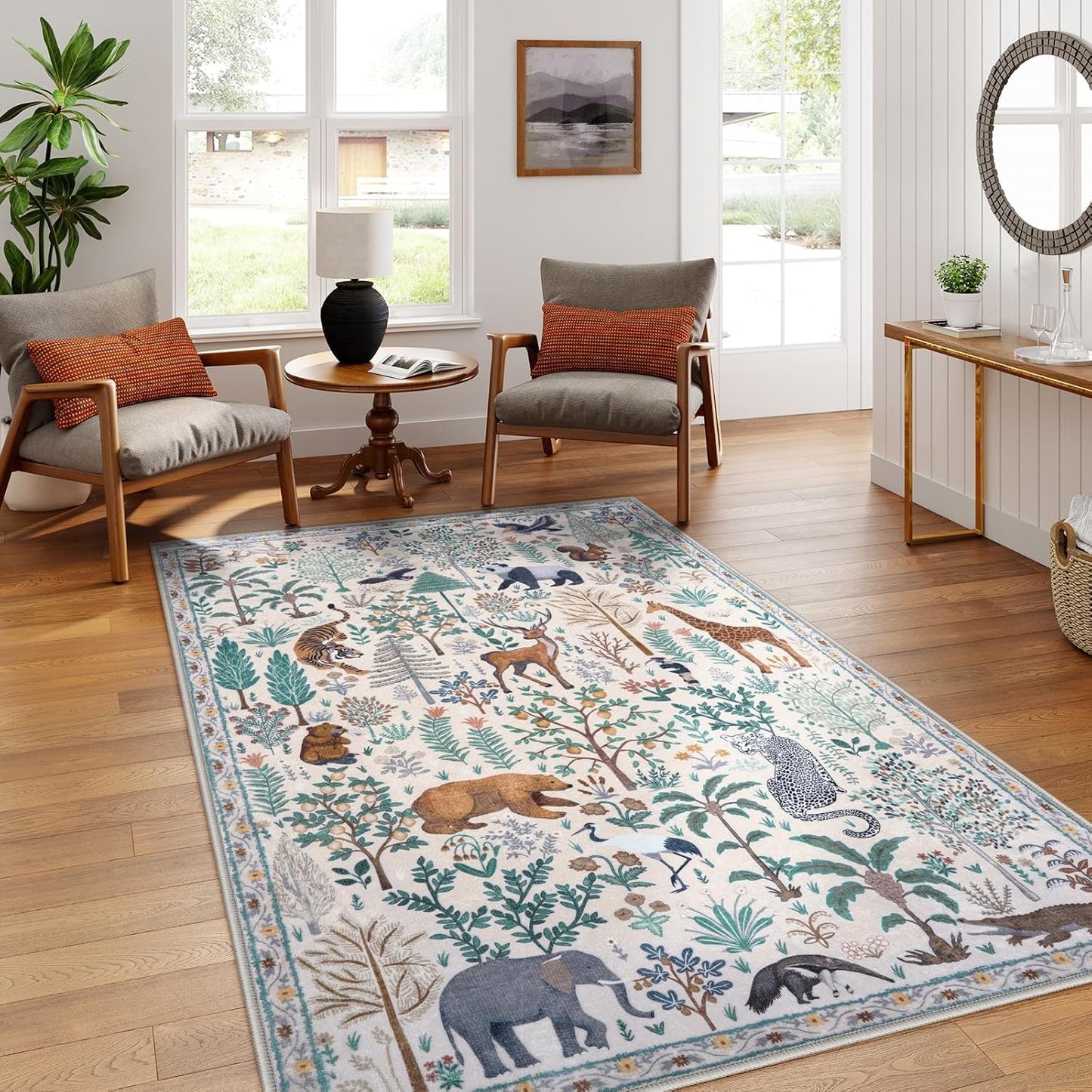 OJIA Jungle Print Washable Area Rugs 5x7, Soft Modern Rugs for Living Room Ultra-Thin Non-Shedding Bedroom Rug, Stain Resistant Neutral Area Rug Large Carpet for Dining Room Kids Nursery Playroom