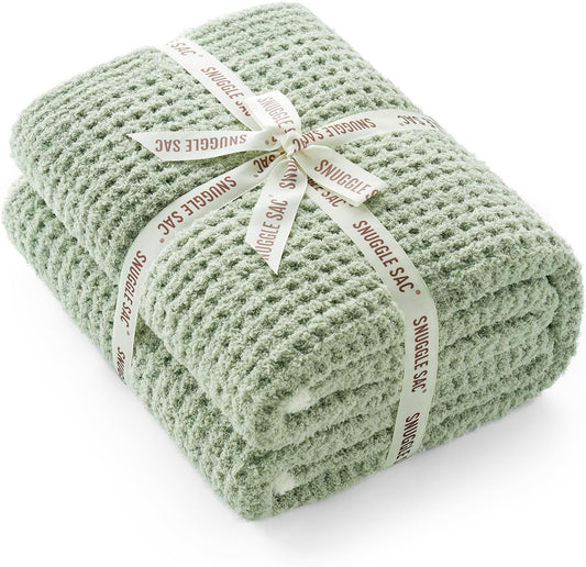 Snuggle Sac Ultra Soft Waffle Throw Blanket for Couch Bed Sofa 50x60 inches, Reversible Sage Green Blanket Microfiber Fluffy Fuzzy Cozy Knit Throws for Women Mothers Birthday Gifts