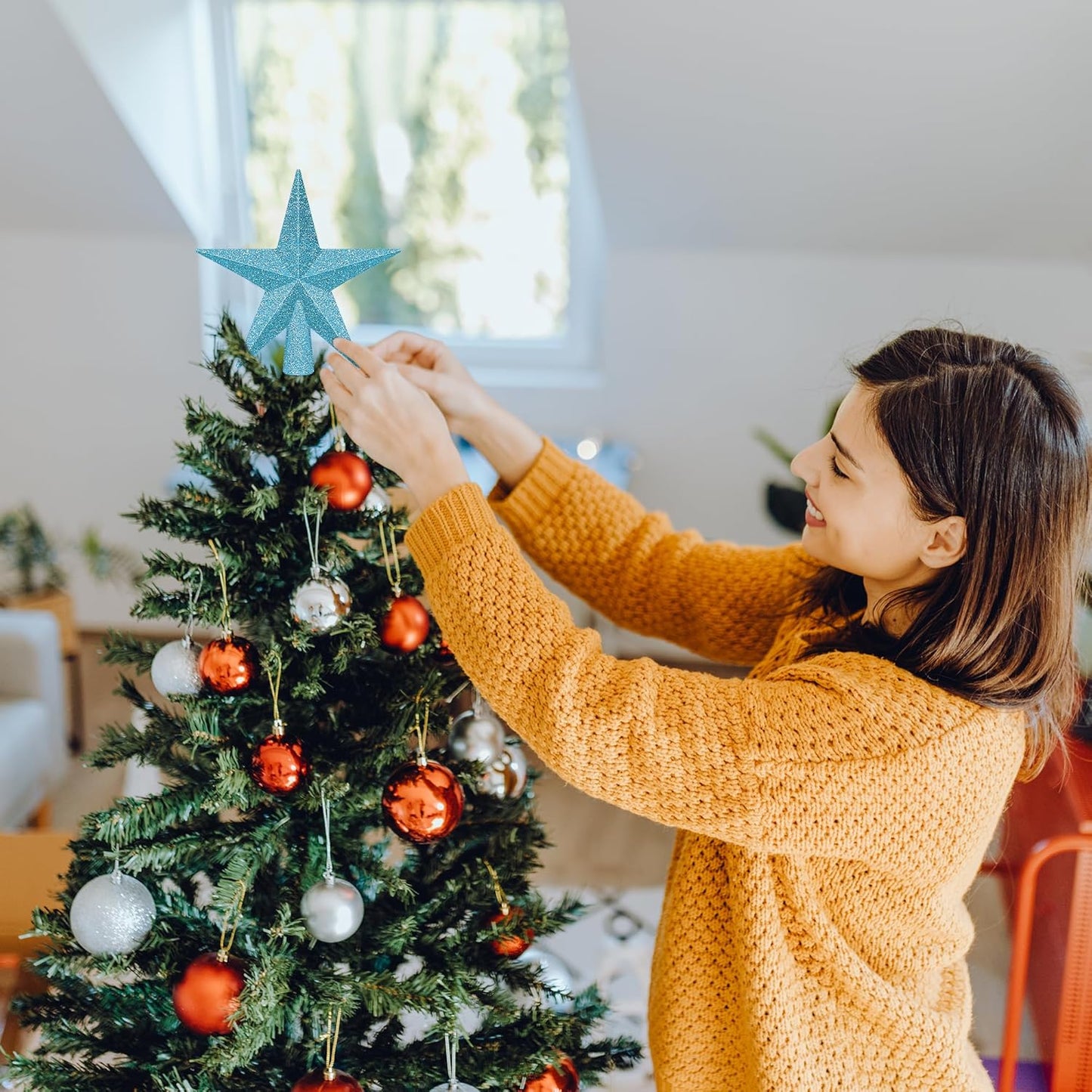 1PCS Tree Star Topper, Blue 4" Christmas Tree Topper Decorations, Glitter Shatterproof Mini Bethlehem Star Tree Topper Decor, Waterproof Star Tree Topper for Christmas Holiday Indoor/Outdoor Ornament