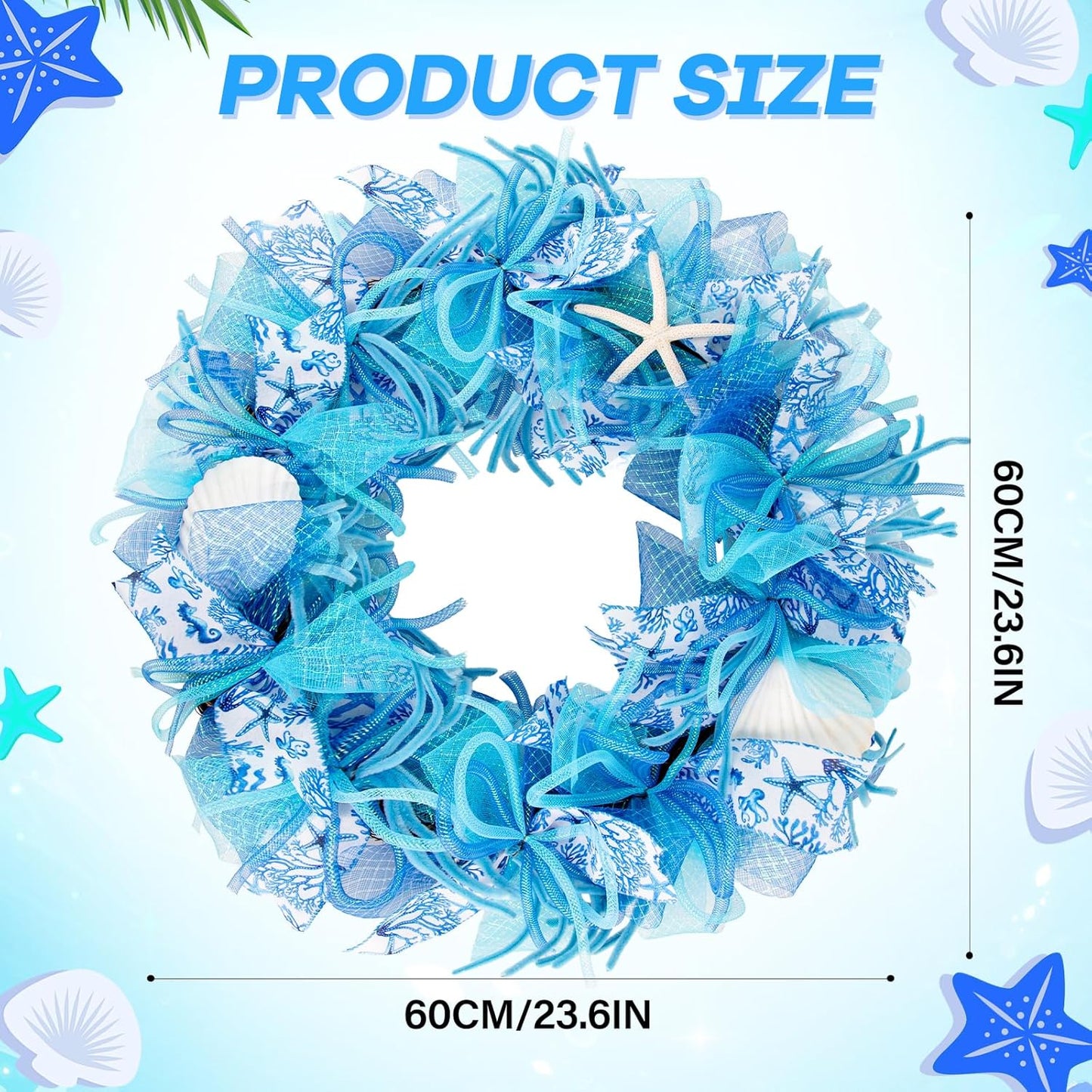 24 Inch Coastal Seashell Large Wreath with Natural Starfish & Scallops Shell, Blue Beach Style Front Door Wreath with for Spring Summer, Farmhouse Rustic Indoor Outdoor Home Wall Wedding Decor