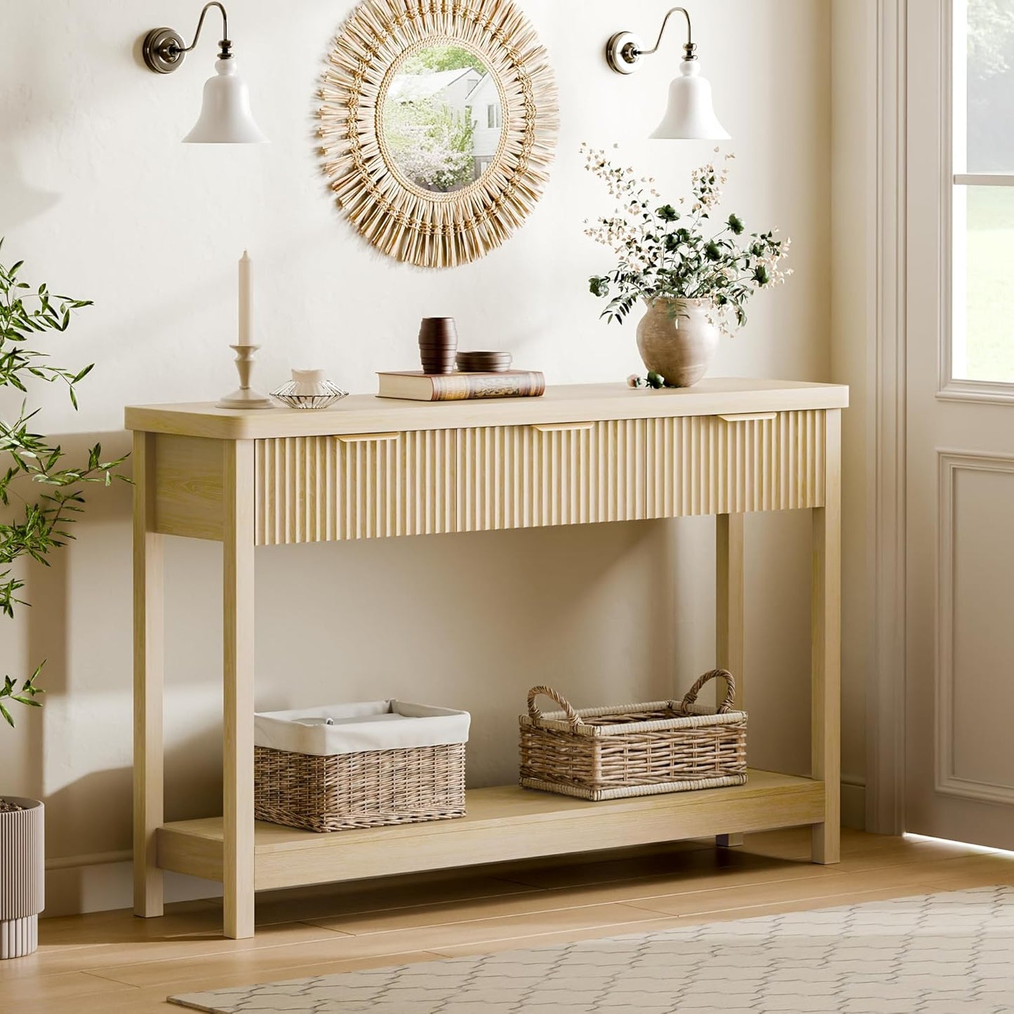 Lulive 51" Fluted Console Table for Entryway, Entryway Table with 3 Wooden Drawers, Farmhouse Behind Sofa Table for Living Room, Hallway, Couch, Foyer