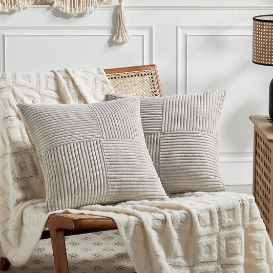 Fancy Homi 2 Packs Neutral Grey Decorative Throw Pillow Covers 18x18 Inch for Living Room Couch Sofa, Rustic Farmhouse Boho Home Decor, Soft Corss Corduroy Patchwork Textured Square Cushion Case 45cm