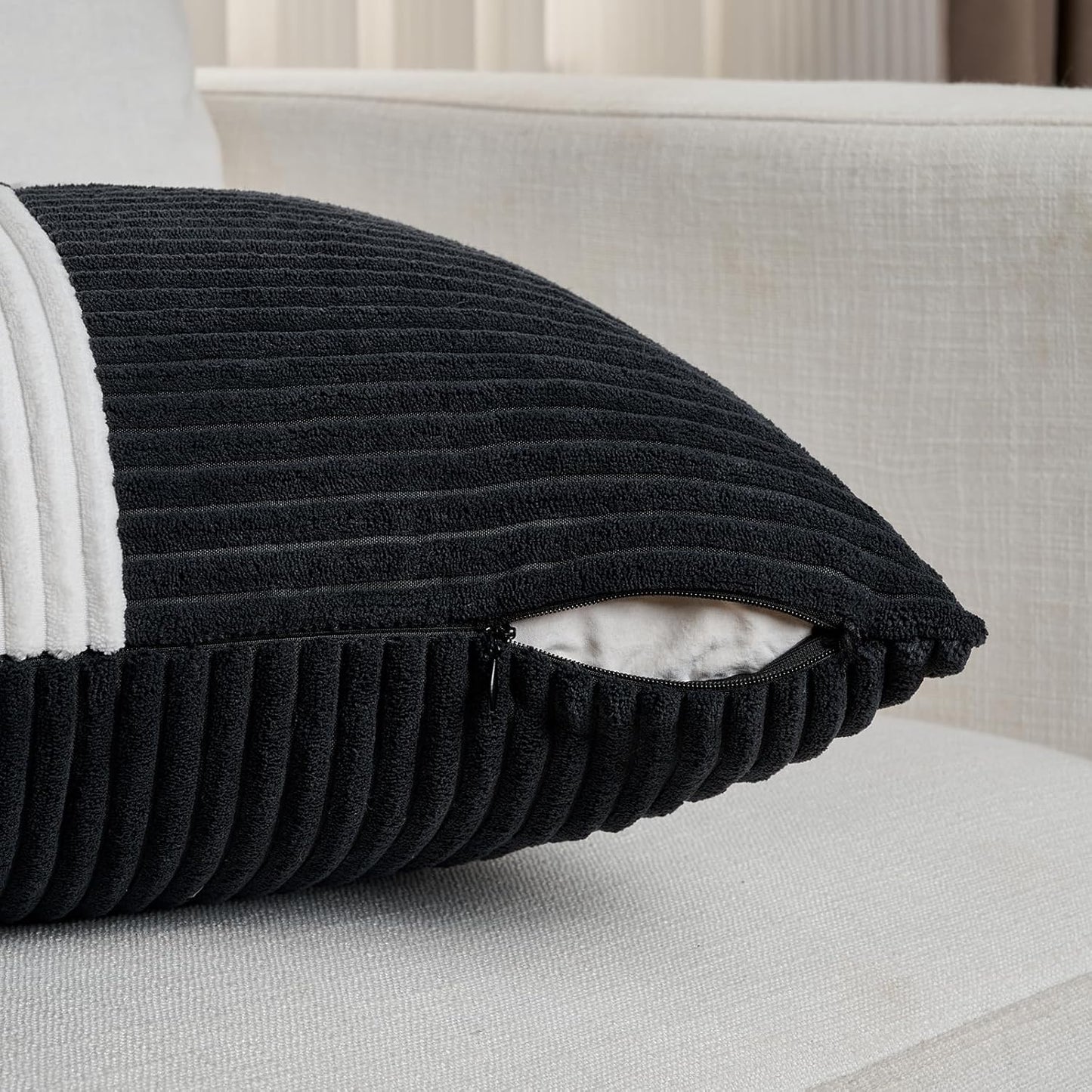 Fancy Homi Set of 2 Black White Samll Decorative Throw Pillow Covers 18x18 Inch with for Couch Bed Sofa Living Room, Soft Cross Patchwork Striped Corduroy Modern Square Cushion Case 45x45 cm