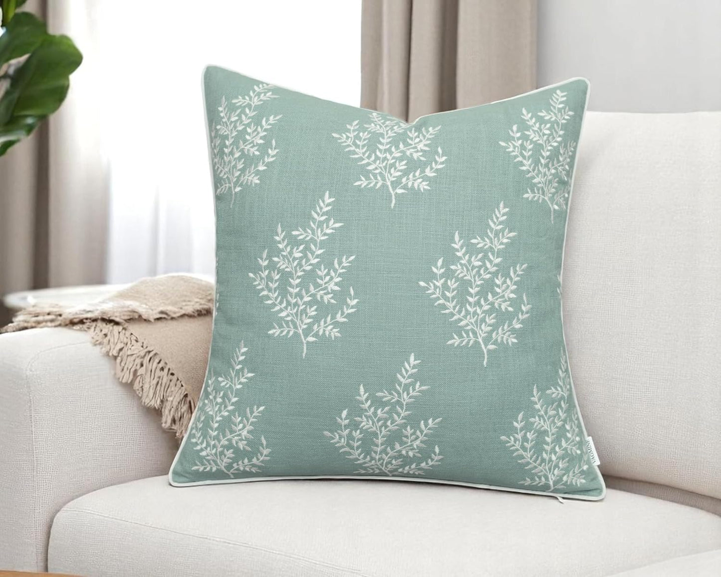 VAGMINE Embroidered Leaves Throw Pillow Cover - 20x20 Inches Square - 100% Cotton Light Teal Cushion Cover - Elegant Leaf Embroidery - Soft Boho Accent for Sofa, Lounge, Contemporary Décor