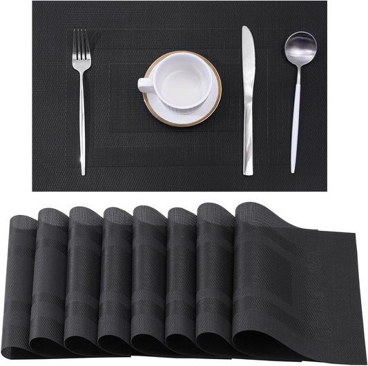 Leetaltree Black Frame Placemats Set of 8 - Heat Resistant Non-Slip Place mats for Dining Table, Washable Durable PVC Vinyl Woven Table Mats（Black Frame, 8）