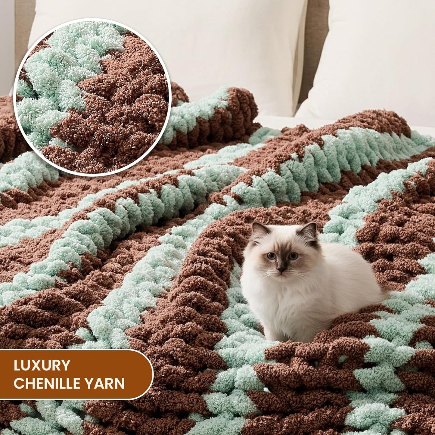 L'AGRATY Chunky Knit Blanket Throw: 50''x60'' Chenille Chunky Knitted Throw Blankets for Bed Couch - Handmade Thick Cable Knit Blanket - Large Crochet Rope Blankets for Home Decor