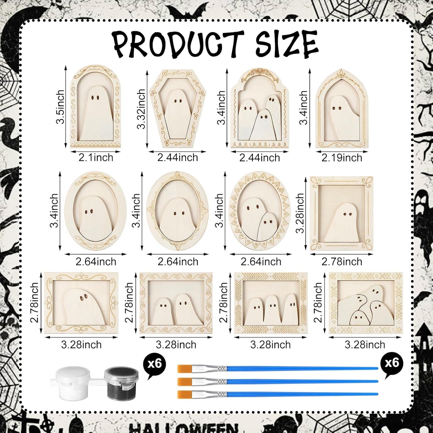 Simgoing 12 Set Wood Ghost DIY Frames Decorating Craft with Paint and Brush Unfinished Wooden Gift Ornaments Cute Ghost for Halloween Craft Art Party Supplies, Not Include Glue (Ordinary Style)