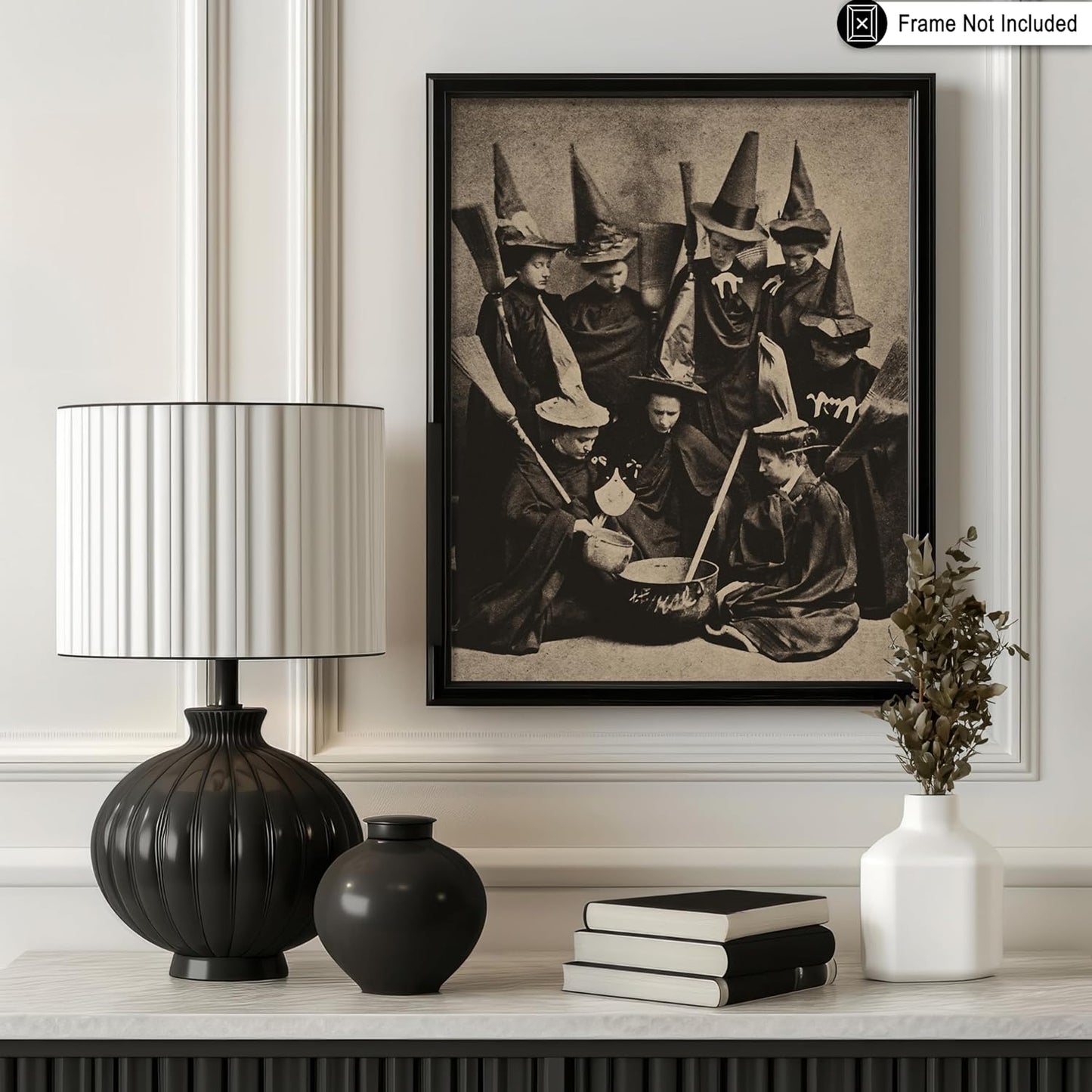 Poster Master Vintage Photograph Poster - Retro Halloween Print - Gift for Artist, Friend - Witches Cooking, Pointy Hats, Broomsticks, Black Magic - Wall Decor for Bedroom, 24x32 Unframed Wall Art