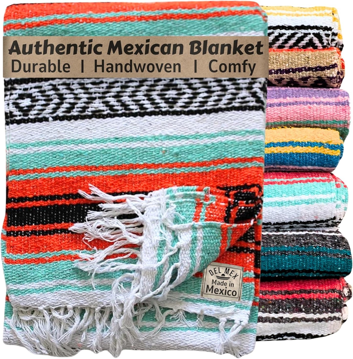 Del Mex Classic Mexican Blanket, Large Authentic Woven Falsa Throw (70"x50"), Artisan Southwest Décor for Beach, Yoga, Outdoors (Mint/Orange)