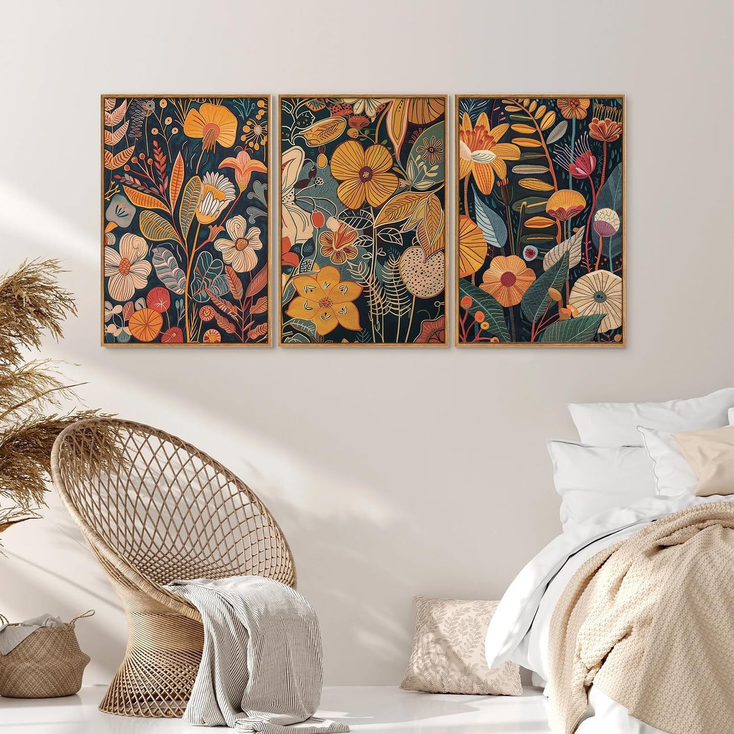 SIGNINART Orange Floral Framed Canvas Wall Art Set of 3, Mid Century Modern Flower Wall Decor, Neutral Plant Artwork, Boho Botanical Art Prints for Bedroom Living Room Office 16"x24"x3