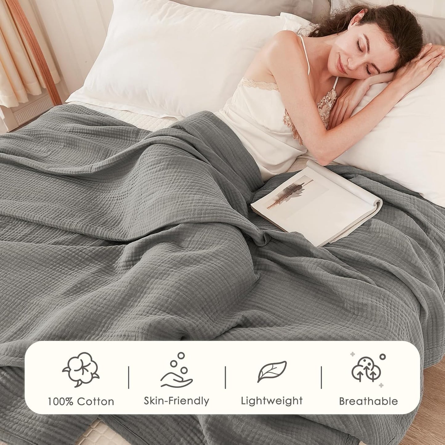EMME Cotton Blanket Twin XL for Bed Soft Muslin Blankets 66"x90" Lightweight Breathable Layering Bedspread Coverlet All Season Gauze, Grey