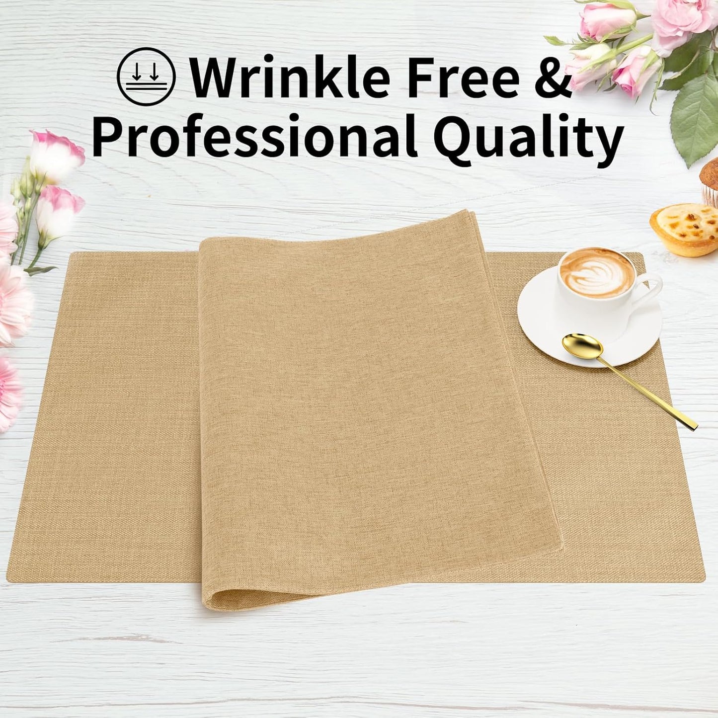 Cloth Placemats, Set of 6 Heat-Resistant Cotton Linen Blend Double Layered Machine Washable Place Mats, Wrinkle Free Thick Fabric Dining Table Mats for Indoors & Outdoors (Cream Beige, 6)