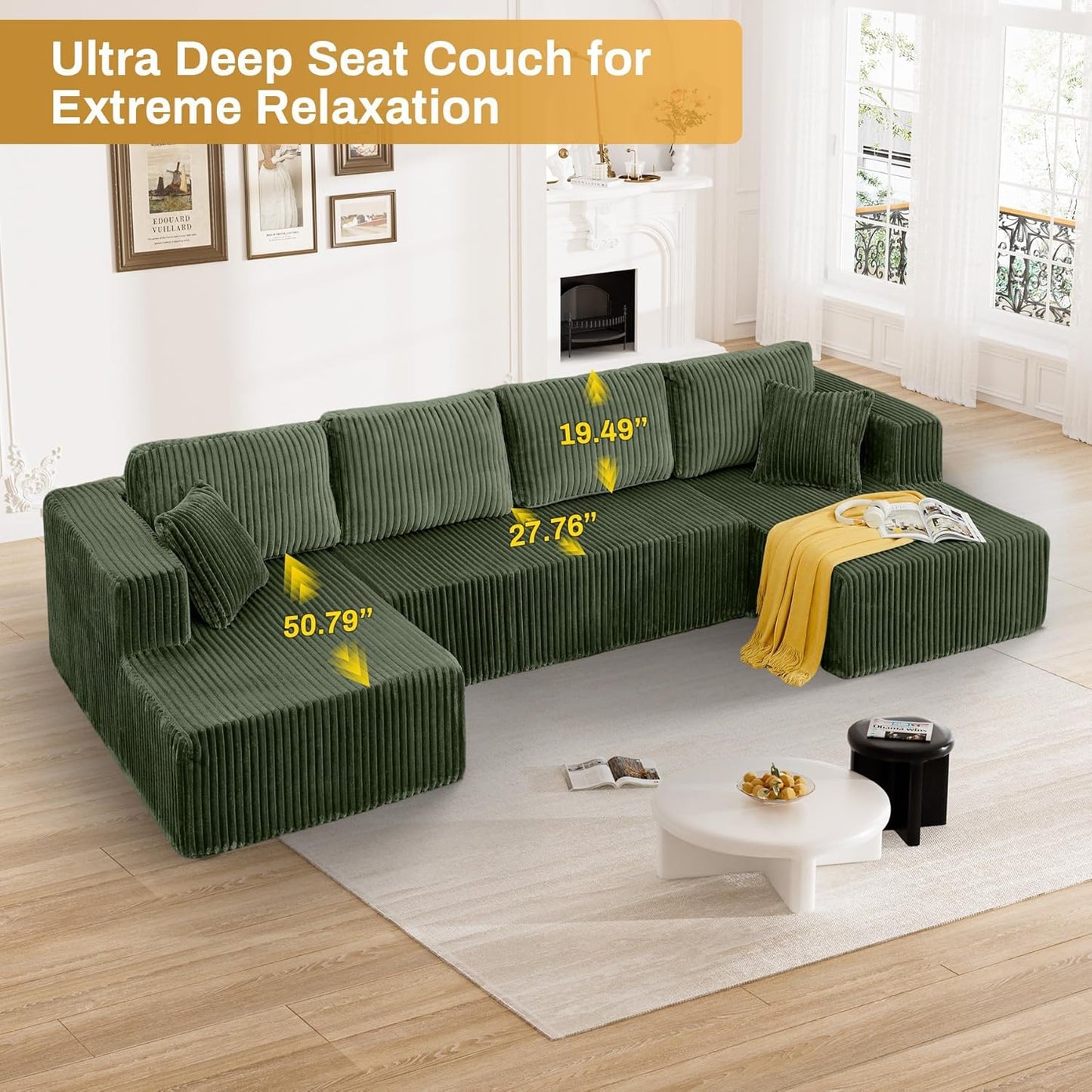 HYJT-H&K Modular Sectional Sofa Cloud Secttional Couch, 132" Comfy U Shaped Couches for Living Room, Deep Seat Memory Foam Fluffy Plush Corduroy Boneless Couch Sectionals with Chaise, Green