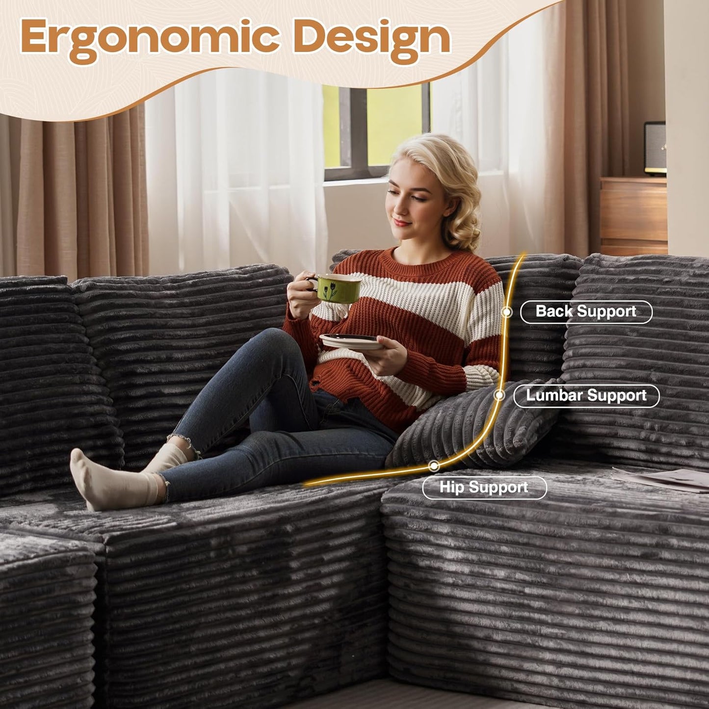 Cloud Sectional Couches for Living Room,U Shaped Modular Sofas No Assembly,133x68 Inches Plush Corduroy Oversized Floor Couch Set with Deep Seat Chaise,Grey