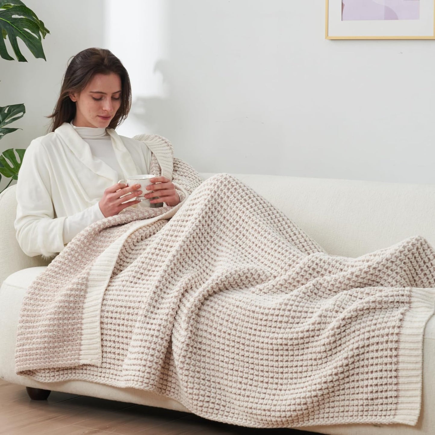 Amélie Home Chenille Waffle Throw Blanket for Couch, Reversible Pineapple Stitch Knit Soft Cozy Knit Blanket Lightweight Warm Decorative Throw for Sofa, Bed, Living Room, 60"x80", Beige&Ivory