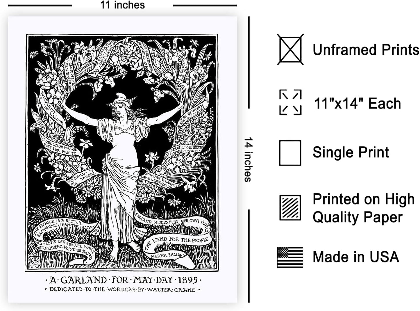 Poster Master Vintage Walter Crane Poster - Retro A Garland for May Day Print - Socialist Art - Gift for Him, Her, Men, Women - Wall Decor for Home, Office, Living Room - 11x14 UNFRAMED Wall Art